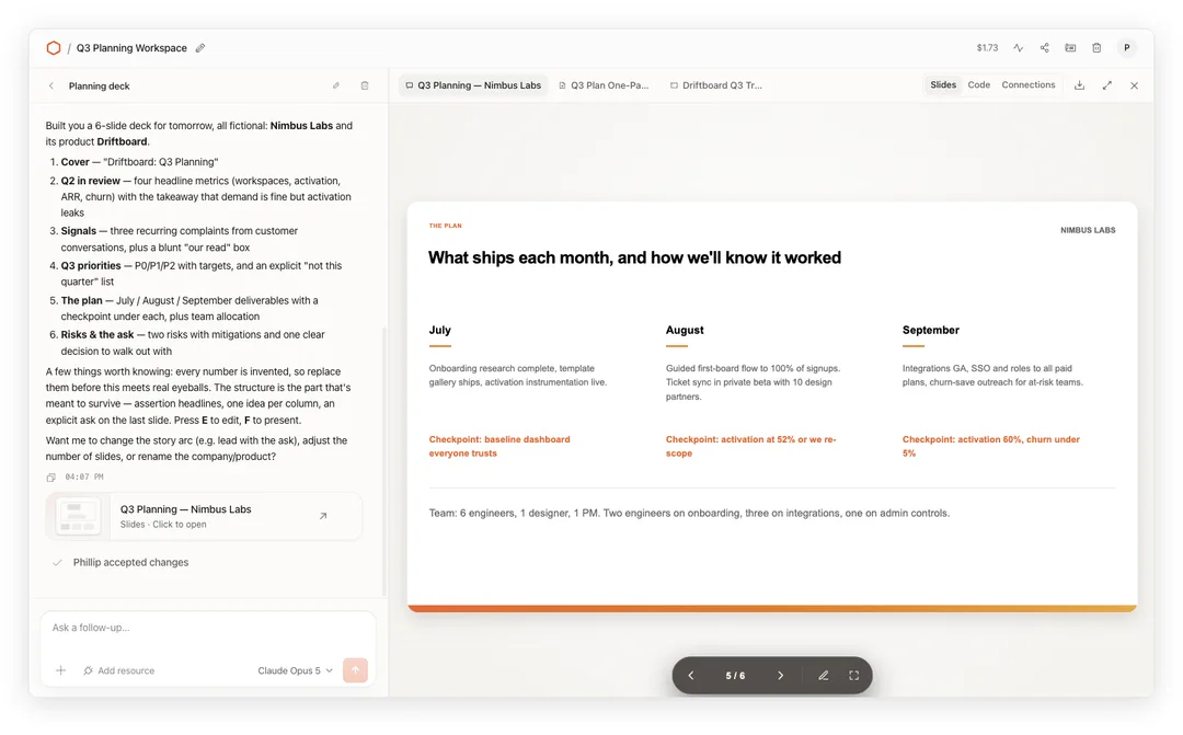 Cloudflare OS 介面顯示 AI 對話、Q3 規劃工作區同自動生成嘅簡報頁面