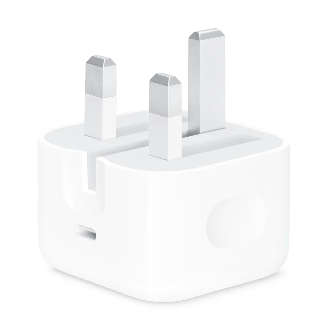 白色 Apple 20W USB-C 三腳充電器，插腳展開並見到 USB-C 接口