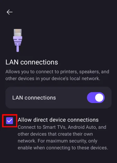 Proton VPN Android 設定頁顯示 LAN 同直接裝置連線選項