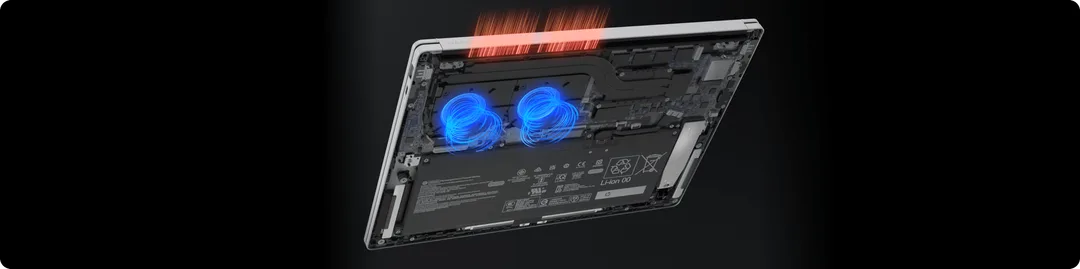HP OmniBook X 機身內部雙風扇同銅製散熱板示意圖
