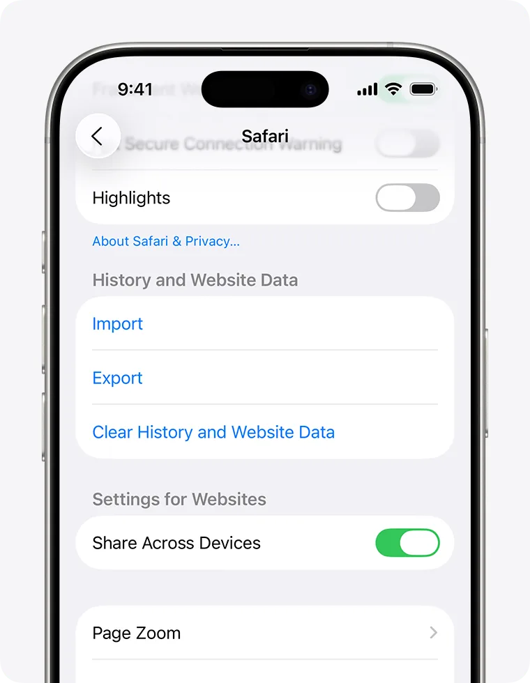 iOS 26 Safari 設定頁顯示清除瀏覽記錄及網站資料選項