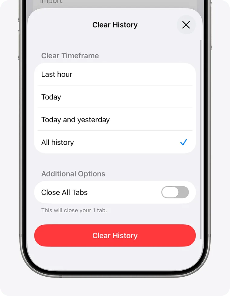 iOS 26 Safari 清除瀏覽記錄畫面,可揀時段同 profile