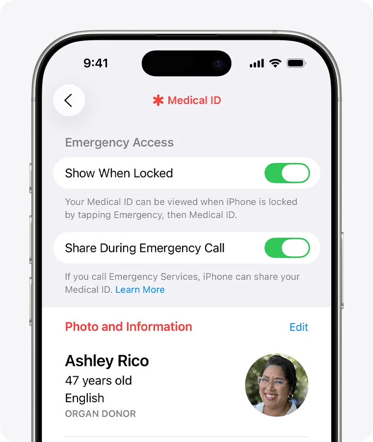 iPhone 緊急求助 SOS 設定頁，畫面顯示編輯緊急聯絡人同醫療檔案選項