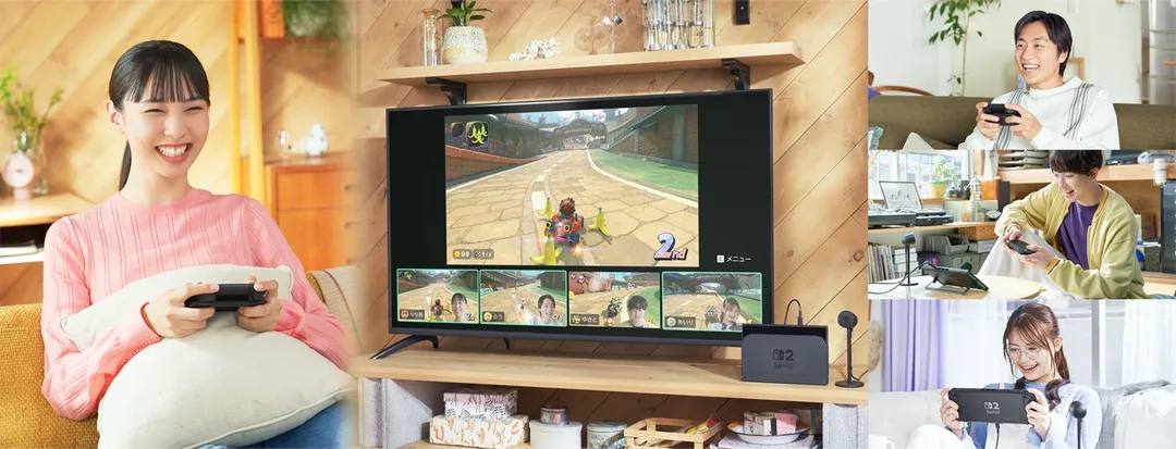 四名 Switch 2 玩家用 GameChat 一邊玩遊戲一邊語音同影像聊天