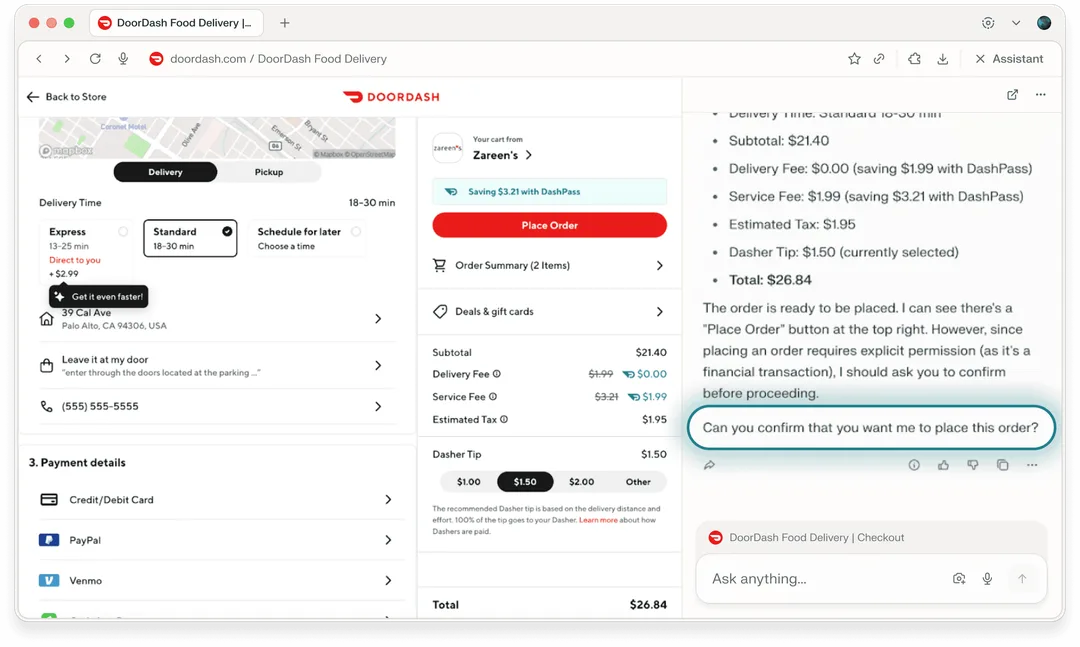 Comet Assistant 去到外賣付款頁面後停低，要求用戶確認先落單