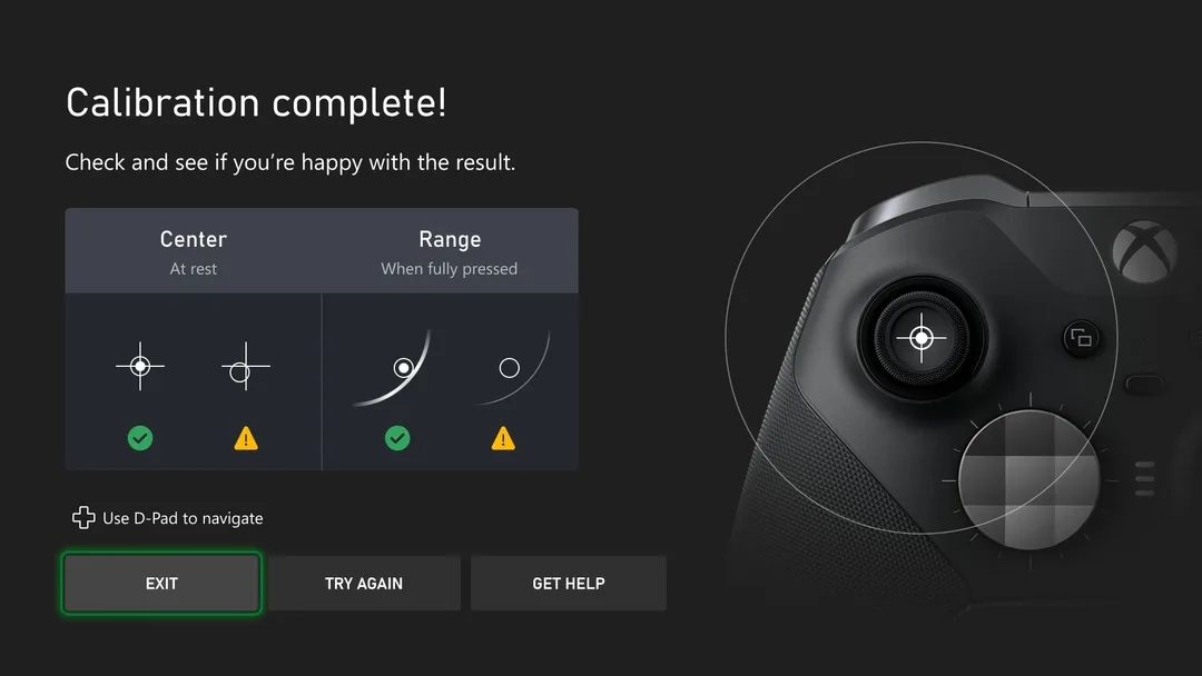 Xbox Accessories app 顯示手掣搖桿校準畫面