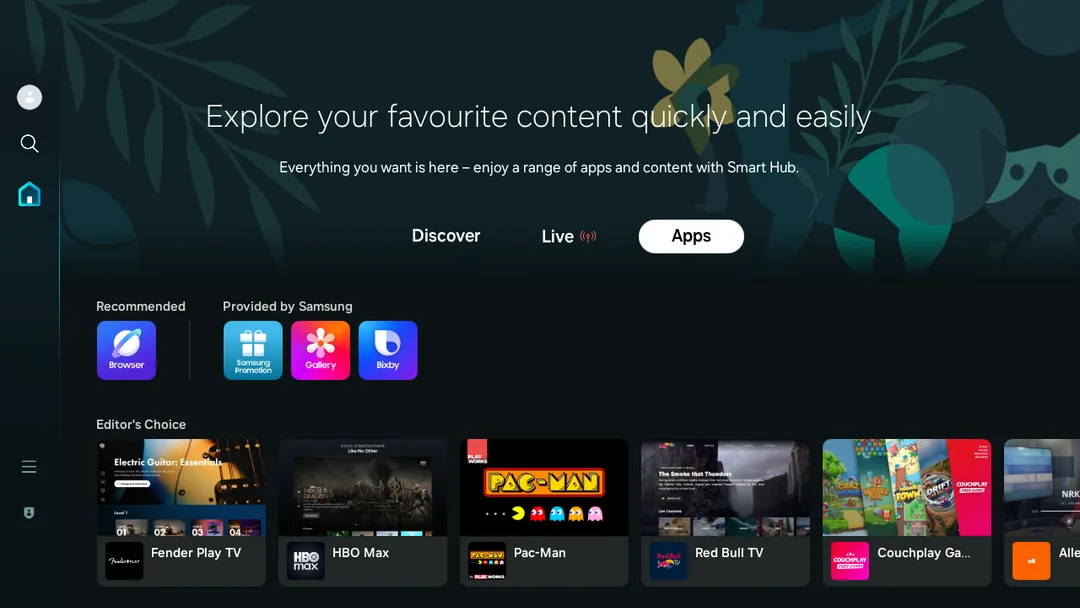 Samsung 電視 app 商店嘅 Editor’s Choice 畫面，當中見到 PAC-MAN 遊戲