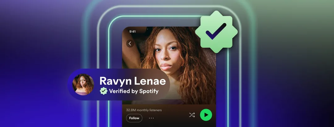 Spotify 官方示範歌手頁上面嘅 Verified by Spotify 淺綠色剔號