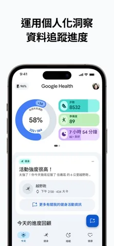 Google Health app 今日頁面,顯示活動、步數同睡眠摘要