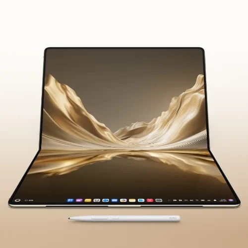 新版 HUAWEI MateBook Fold 半摺展示雙層 OLED 屏,前方擺有 M-Pen 3
