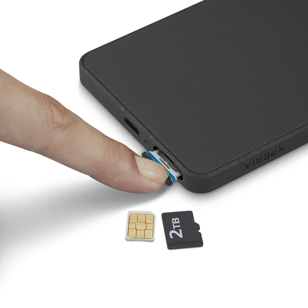 Xperia 1 VIII 拉出 SIM 卡同 microSD 卡槽嘅示意圖