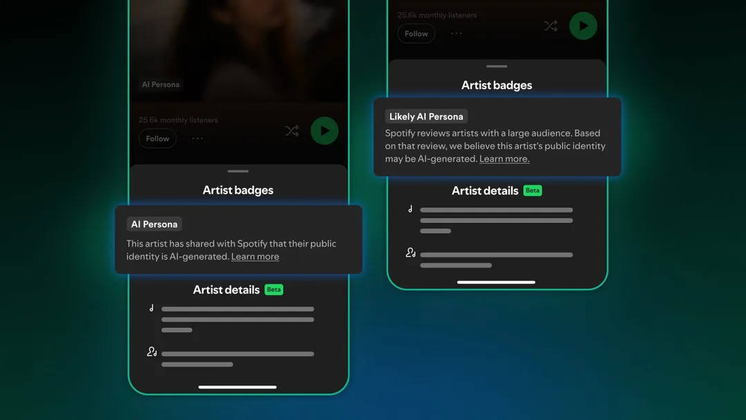 Spotify 手機介面並排顯示 AI Persona 同 Likely AI Persona 兩款藝人標籤