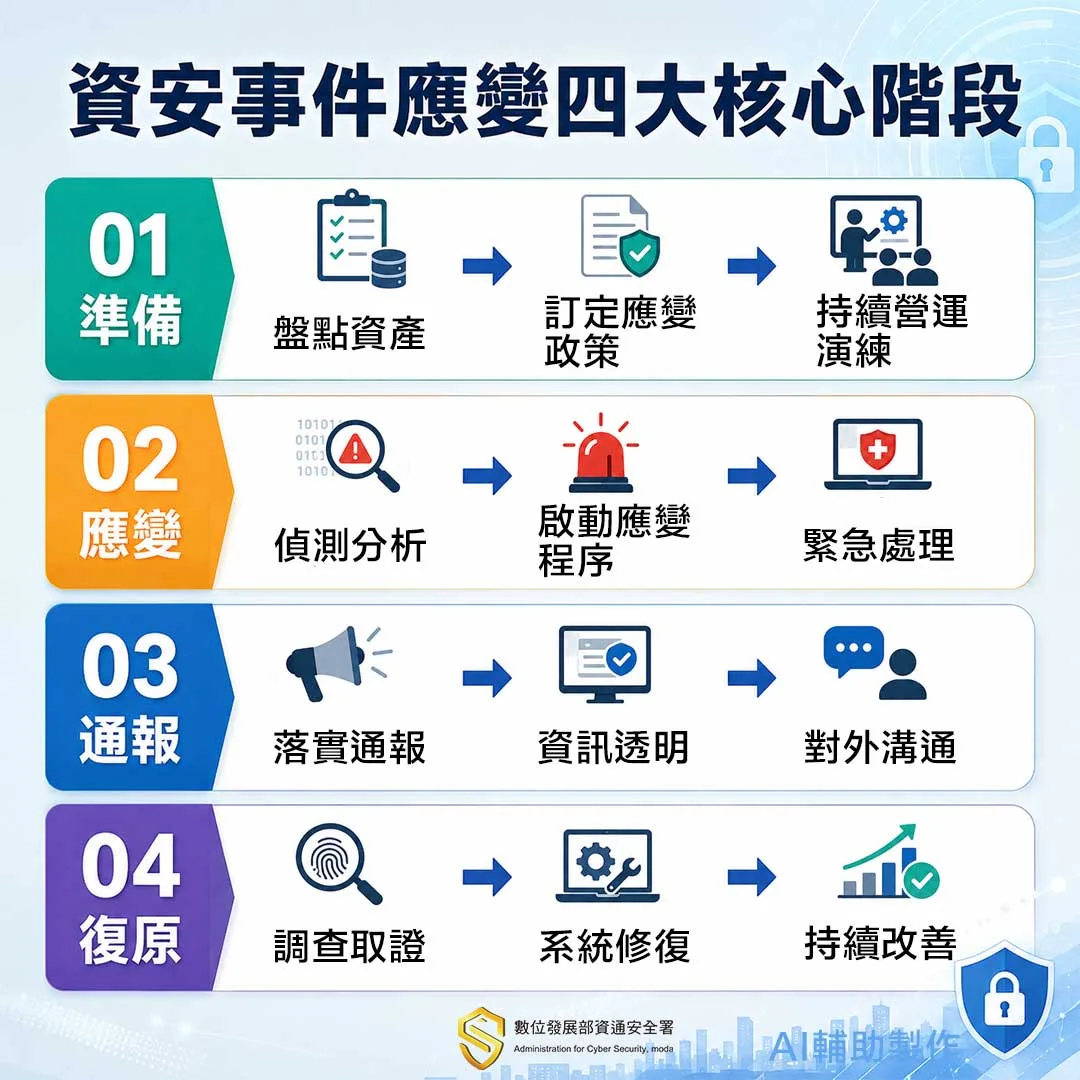 台灣資安署圖解網安事故由準備、應變、通報到復原四個階段