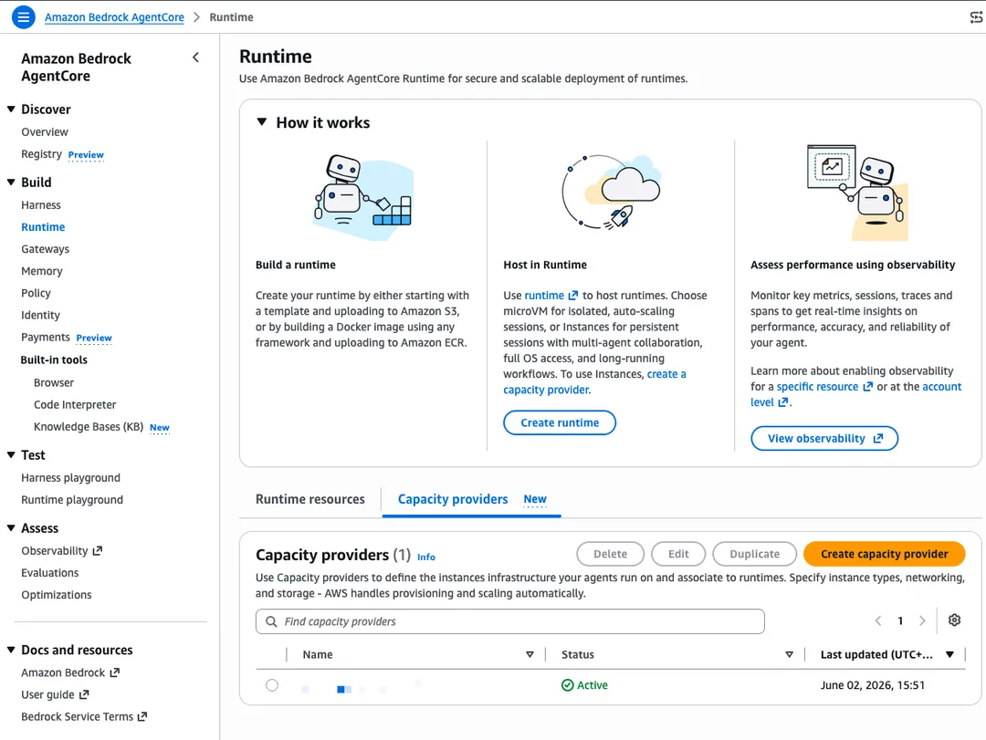 Amazon Bedrock AgentCore Runtime 管理介面，顯示新增嘅 capacity provider 分頁
