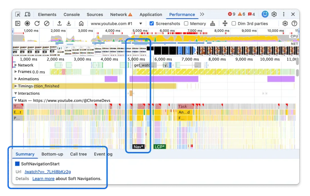 Chrome DevTools Performance 面板顯示 soft navigation 同 LCP 星號標記