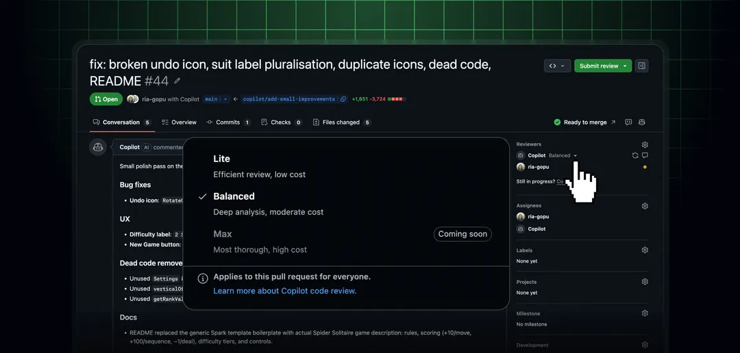 GitHub Copilot code review 介面顯示 Lite 同 Balanced 兩個審查強度選項