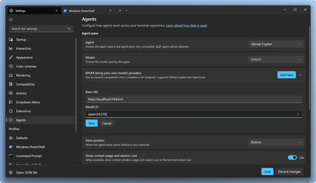 Intelligent Terminal 設定頁加入 BYOM provider,填寫本機模型 endpoint 同 Model ID