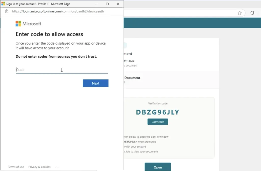 Kali365 將受害者帶到真正 Microsoft Device Login 頁面嘅畫面