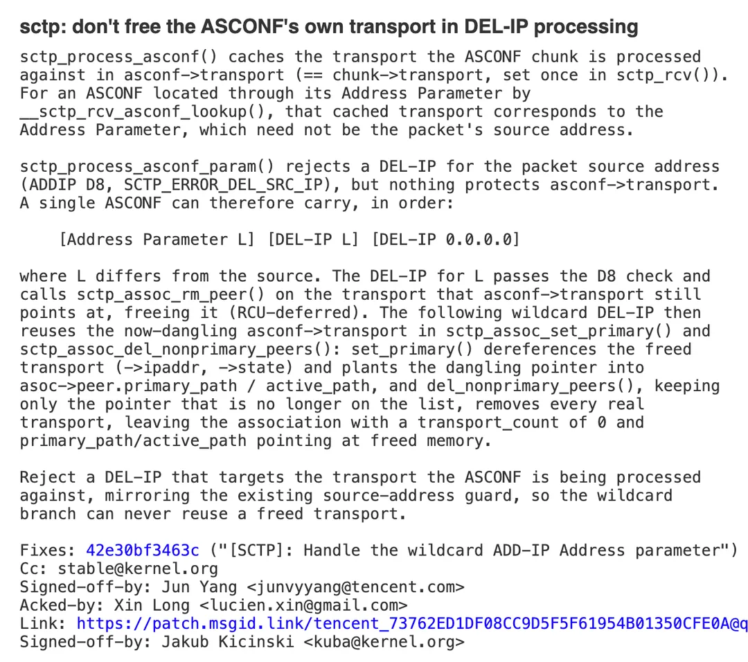 Linux 核心 SCTP ASCONF 漏洞嘅上游修補說明