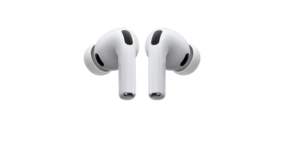 白色 AirPods Pro 3 左右耳機官方產品圖，未發布相機型號外形仍未確認