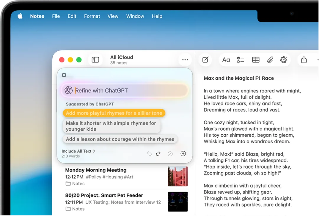 Mac 備忘錄入面嘅書寫工具正用 ChatGPT 改寫文章,畫面顯示多個修改建議