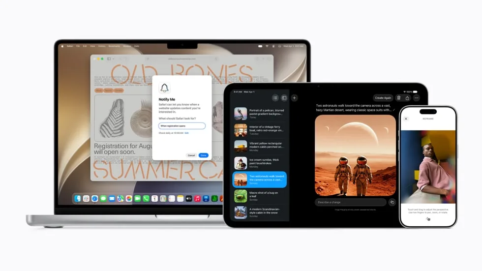 Apple Intelligence 新功能示意圖,畫面有 iPhone、MacBook、iPad 同 Apple Vision Pro