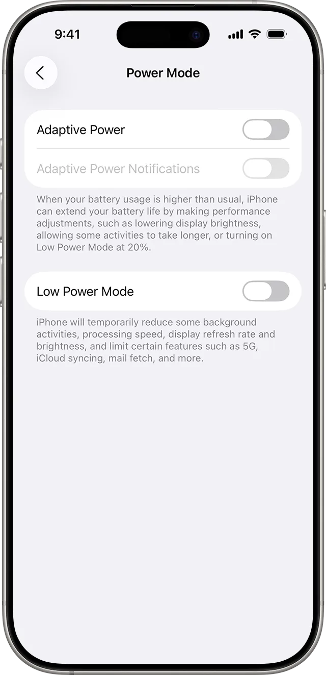 iPhone 電池設定入面嘅 Adaptive Power 同低電量模式選項