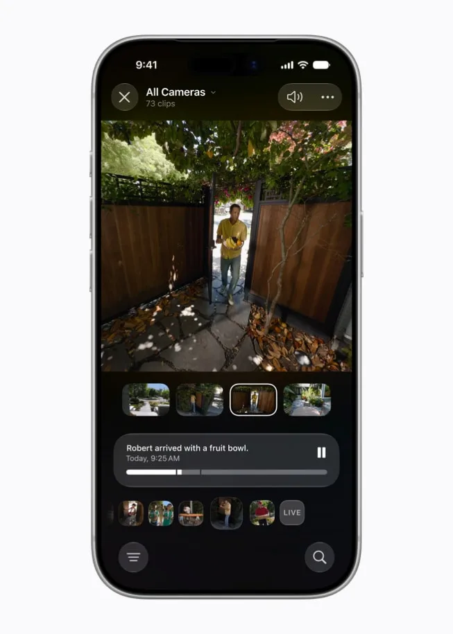 iPhone 家居 app 顯示保安鏡頭片段同 AI 生成影片描述