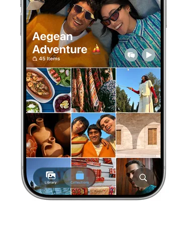 銀色 iPhone 17 Pro 顯示旅行相片組成嘅共享相簿