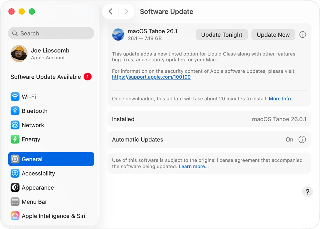 macOS 系統設定內嘅軟件更新畫面,顯示立即更新按鈕