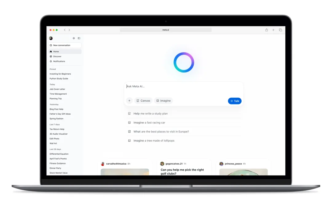 MacBook 畫面開住 Meta AI 桌面版介面，中間有對話輸入框同語音按鈕