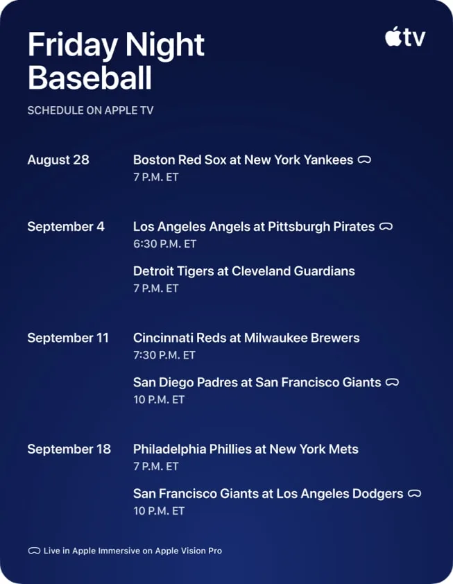 Apple TV Friday Night Baseball 八月底至九月直播賽程表