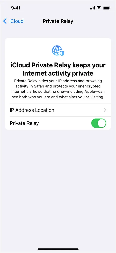 iPhone 設定畫面顯示 iCloud Private Relay 私隱功能