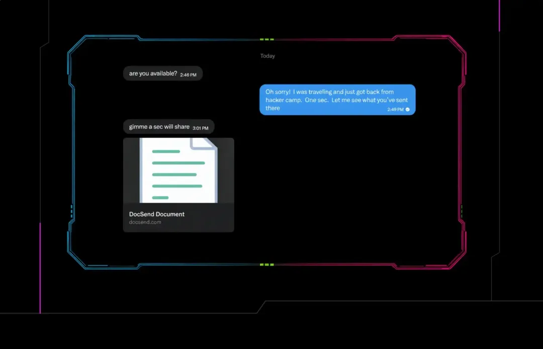 攻擊者經私訊向 Huntress 研究員傳送假 DocSend 文件嘅對話畫面
