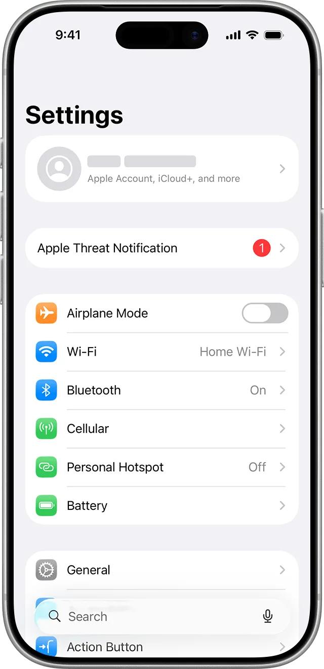 iPhone 設定頁面顯示 Apple 威脅通知詳情
