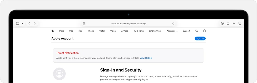 Apple Account 網頁頂部顯示間諜軟件威脅通知