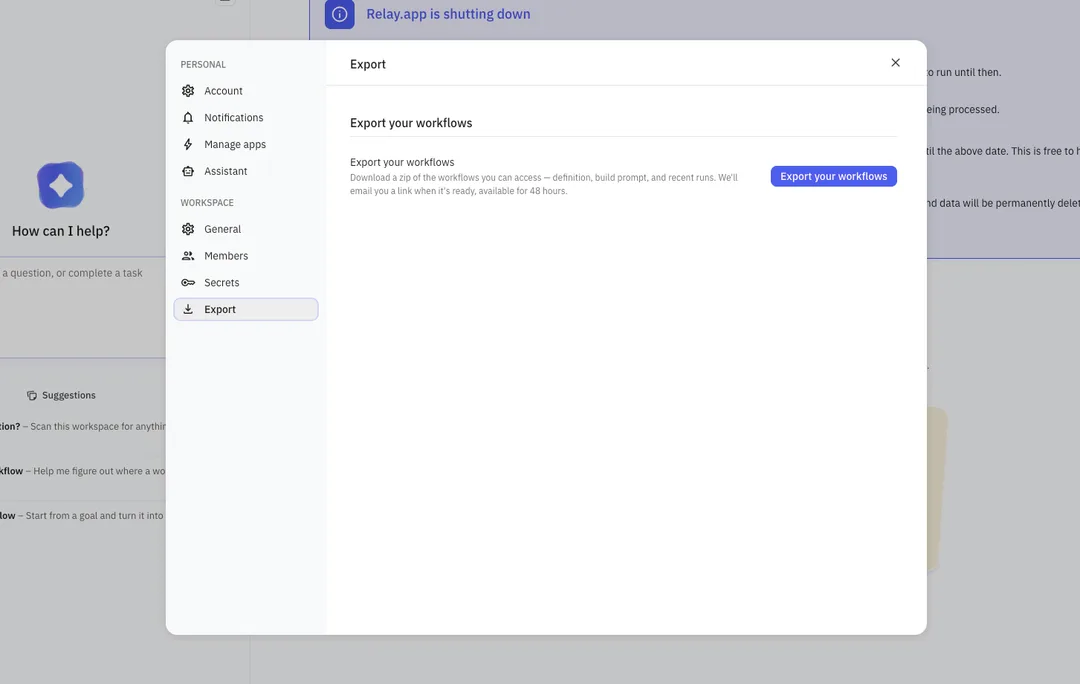 Relay.app 設定頁入面匯出成個 workspace 資料嘅介面
