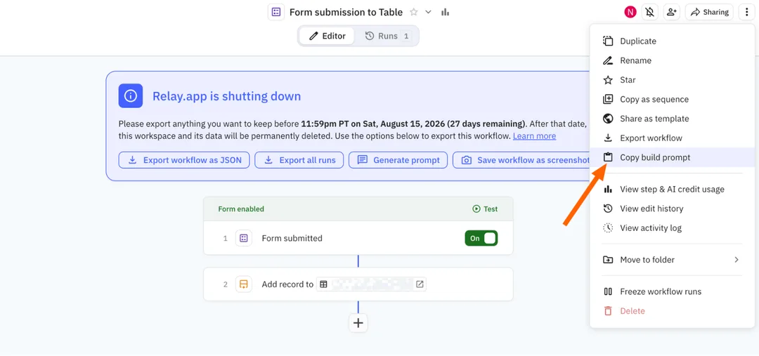 Relay.app 內複製自動化流程 build prompt 嘅介面