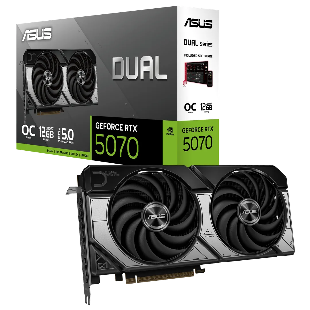 ASUS Dual GeForce RTX 5070 顯卡連包裝盒產品圖