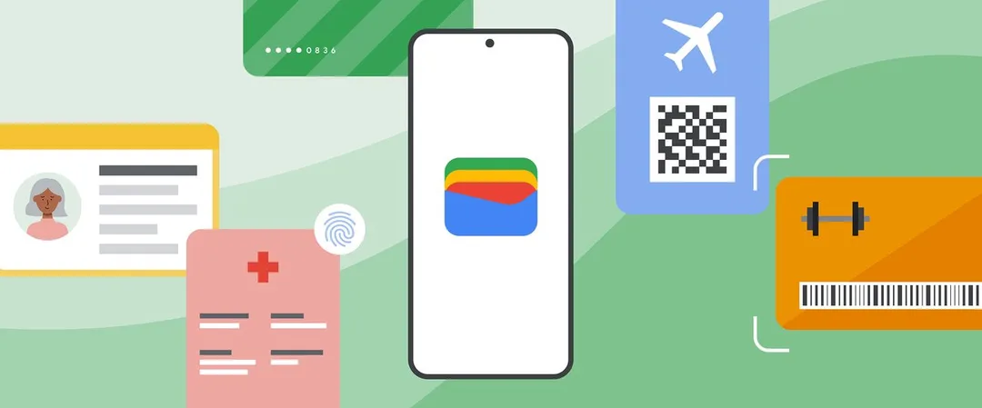 手機畫面顯示 Google Wallet,旁邊排住多款數碼卡證同門票