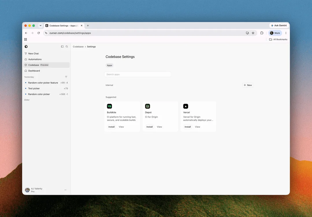 Origin repo 連接 Vercel、Depot 同 Buildkite 嘅 Apps 畫面