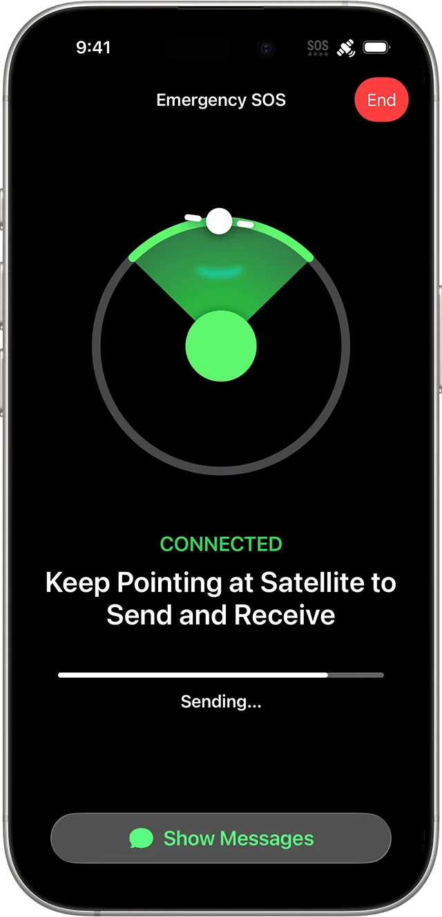 iPhone 經衛星傳送緊急求助訊息時嘅連線指示畫面