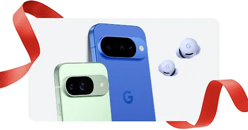 Google 官方預告圖展示藍色同淺綠色 Pixel 11 手機，旁邊放有一對耳機
