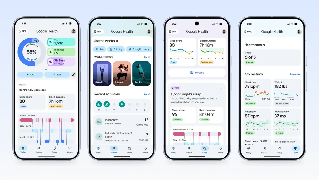 Google Health app 四個主要頁面,顯示健康、運動同睡眠資料介面