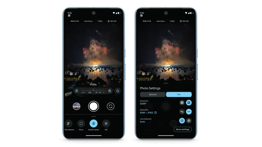 Pixel 8 Pro 相機入面嘅手動對焦、快門同 ISO 控制介面