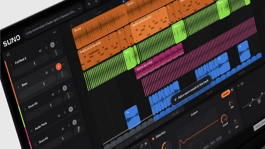 手提電腦畫面顯示 Suno Studio 2.0 多軌音樂製作介面