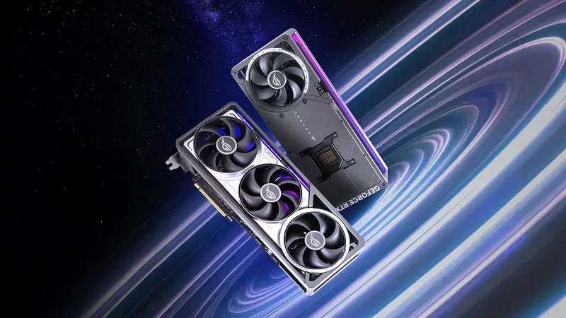 兩張 ROG Astral RTX 5090 同 RTX 5080 顯示卡正反面產品圖