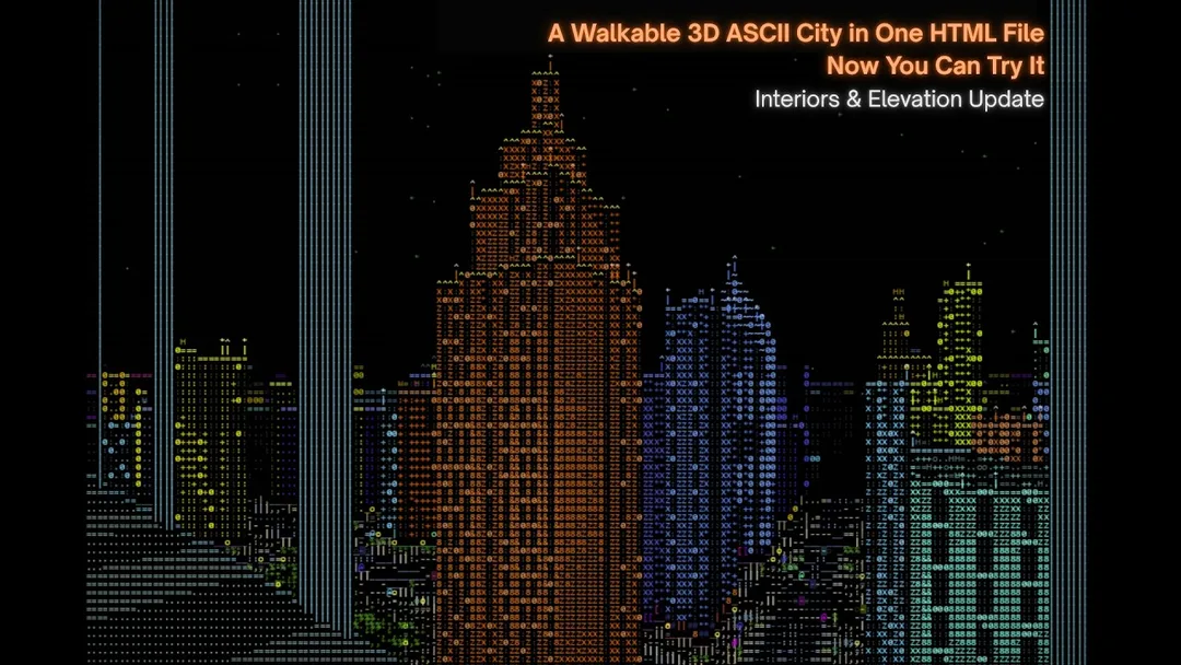 ASCII City 更新版畫面，以密集彩色字元砌出可探索嘅 cyberpunk 城市