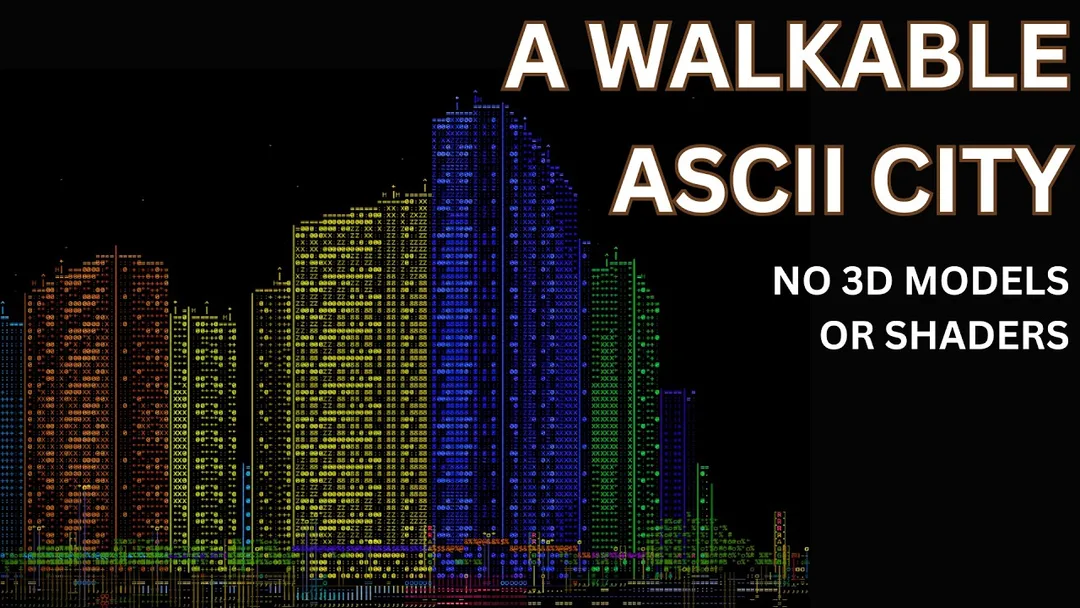 ASCII cyberpunk 城市初版示範，街道、樓宇同燈光全部以字元呈現